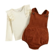 LMTODLFG Baby Boy Clothes Girls Long Sleeve Ribbed Tops T Shirt Ruffles Suspenders Shorts Outfits Summer Outfits Coffee 9-12 Months